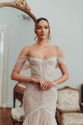 Sexy Mermaid Off-The-Shoulder Spaghetti Strap Sleeveless Lace Long Tulle Wedding Dresses With Appliques